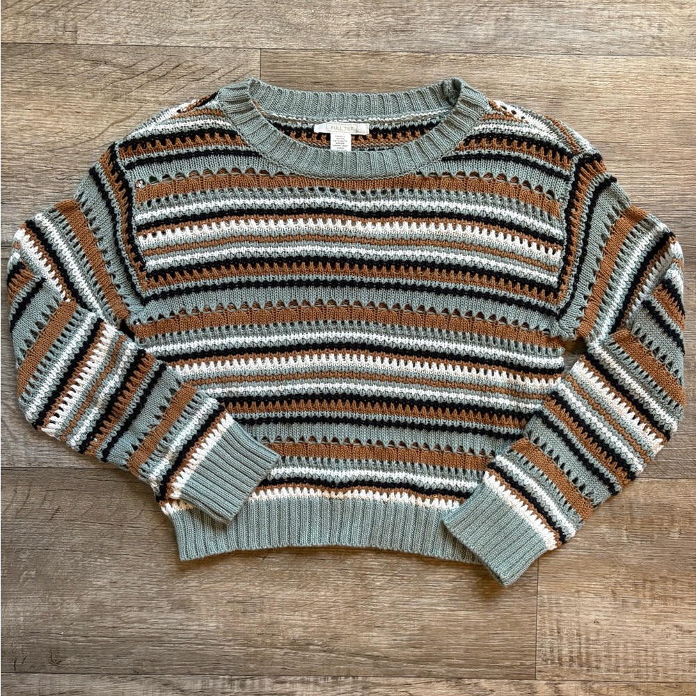 Full Tilt Green and Brown Crew Neck Sweater